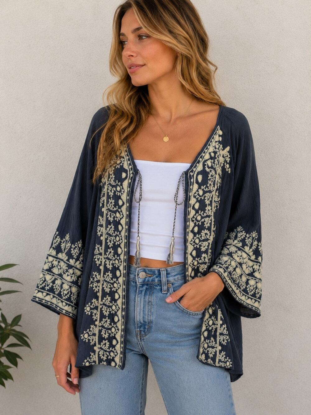 Embroidered Navy Open-Front Women's Swim Coverup Kimono